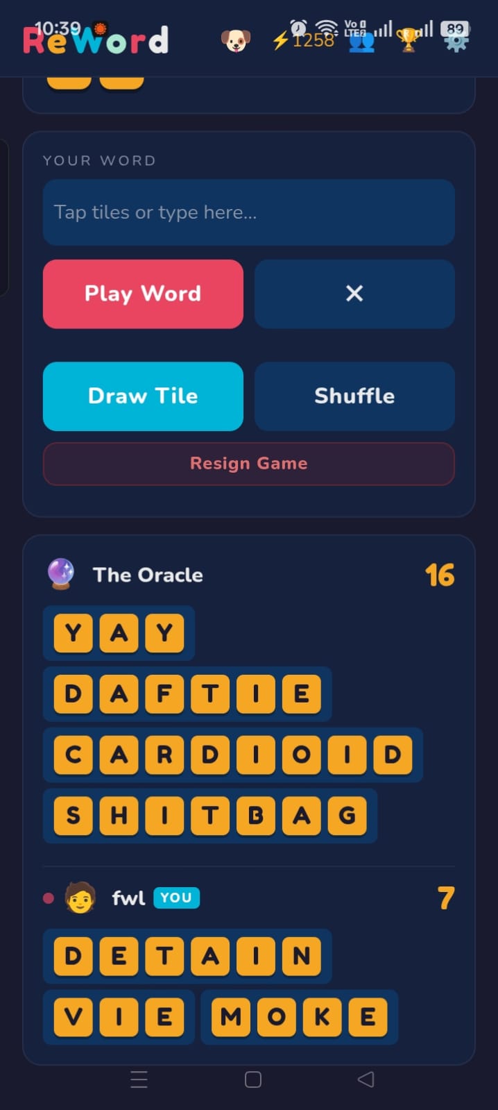 ReWord game screenshot showing The Oracle stealing words to form DAFTIE, CARDIOID, and SHITBAG